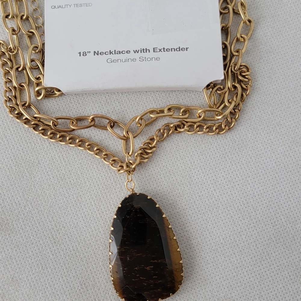 Tigers Eye Pendant Necklace Layered Chain Genuine Stone